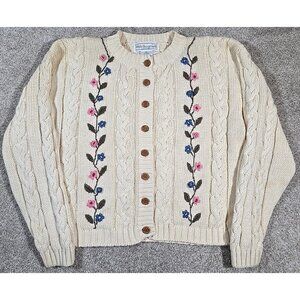 Melbourne Country VTG Cardigan Sweater Cable Knit Ramie Cotton Embroidery Size L